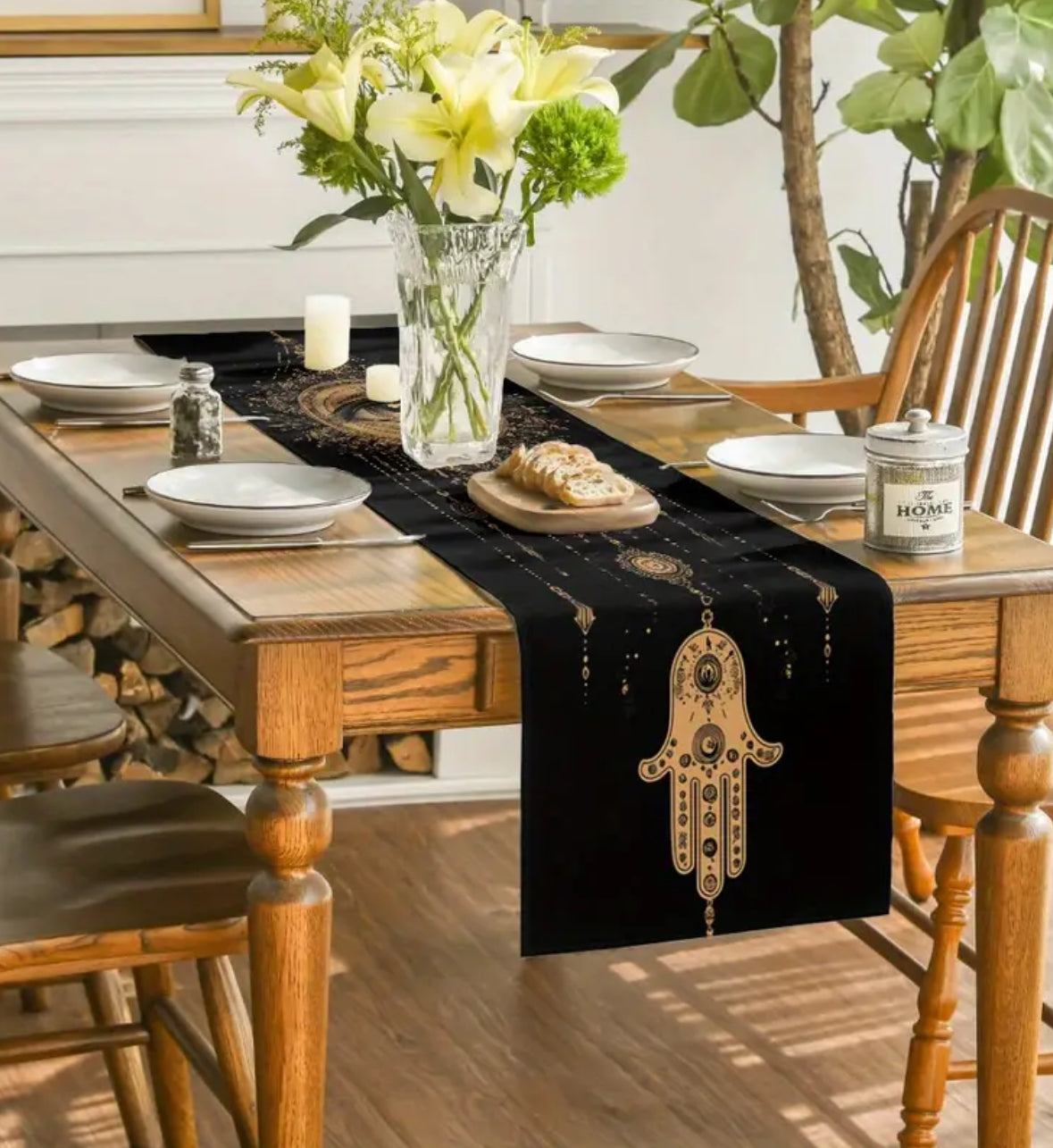 KokoBoho Black & Gold Hamsa Hand Table Runner – Boho Spiritual Dining Decor