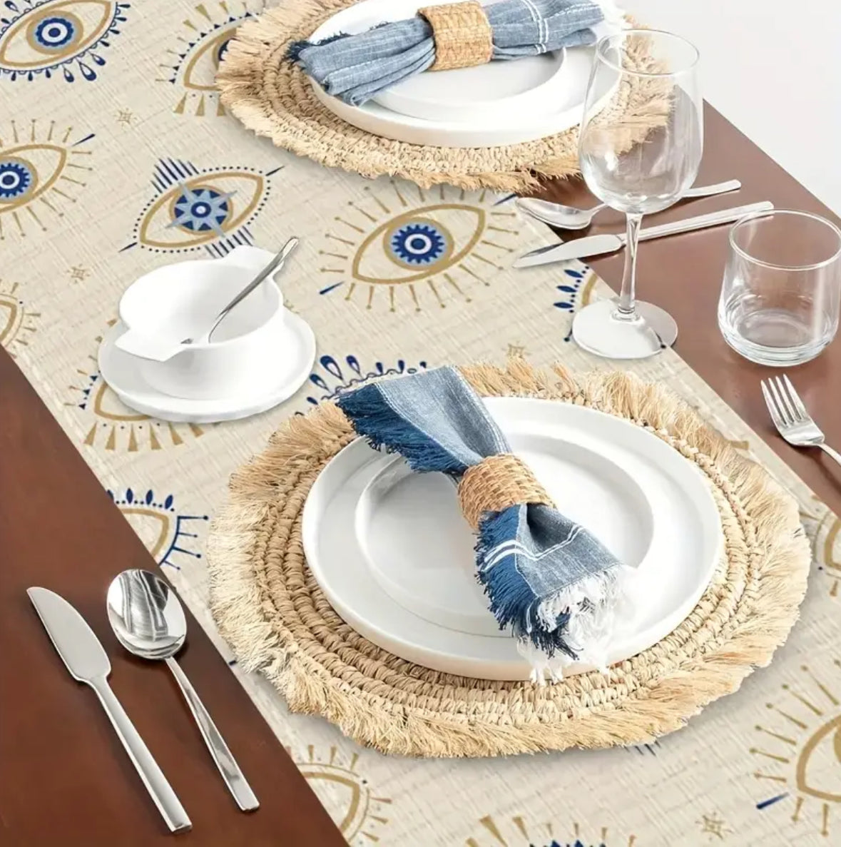 KokoBoho Evil Eye Table Runner – Boho Protective Dining Decor, Spiritual Home Accent