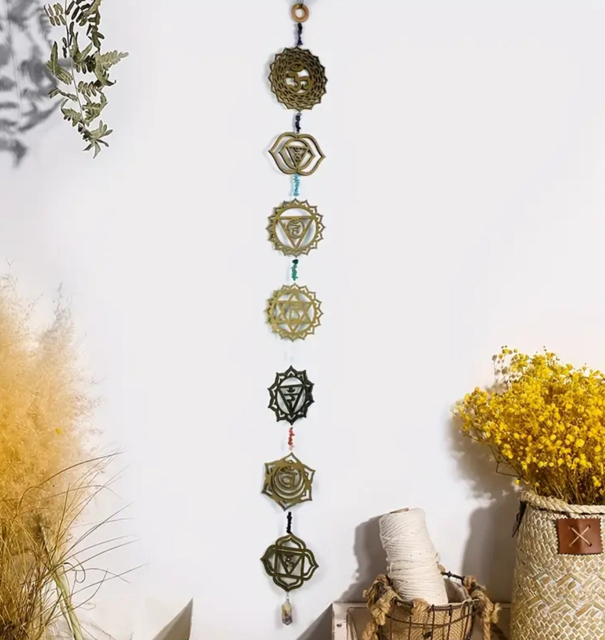 KokoBoho Wooden Chakra Wall Display with Crystals – Boho Spiritual Wall Décor & Healing Energy