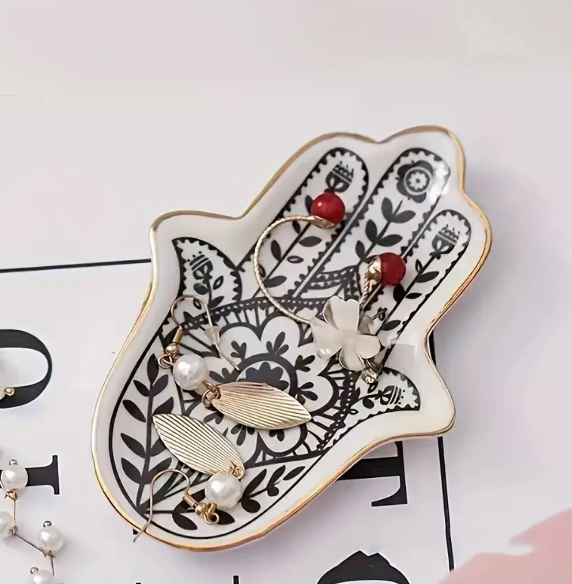 KokoBoho Hamsa Hand Trinket Tray with Gold Trim – Boho Luxe Jewellery Dish & Protective Home Décor