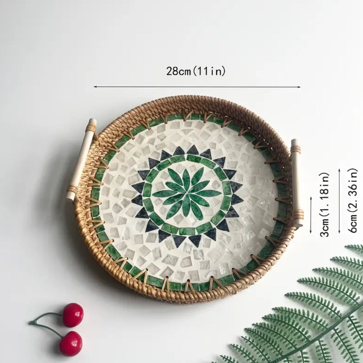 KokoBoho Rattan Mandala Tray with Handles – Boho Serving Tray & Decorative Table Accent