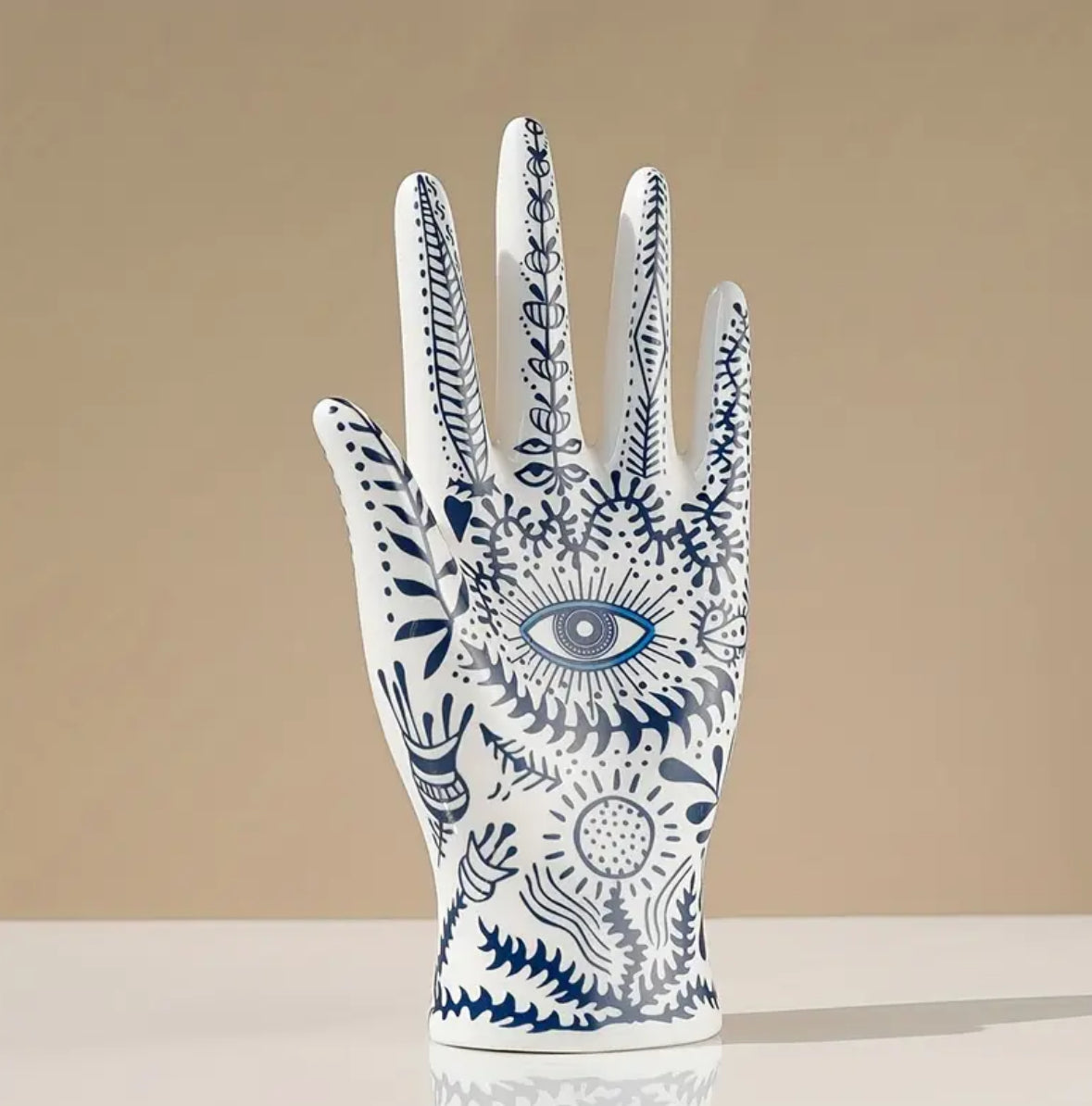 KokoBoho Evil Eye Hand Ring Holder – Blue & White Boho Luxe Jewellery Display & Protective Home Décor