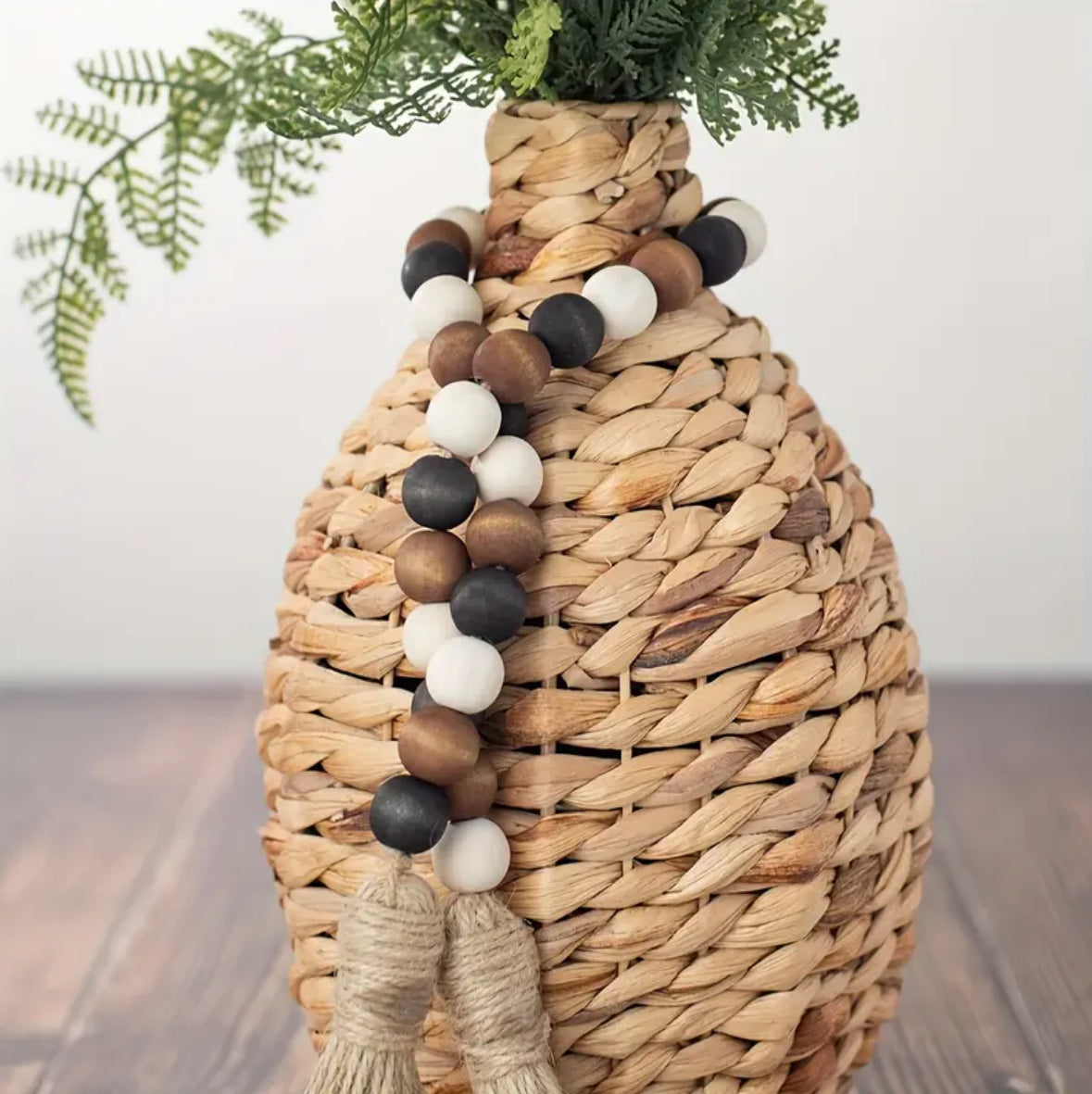 KokoBoho Wooden Bead Garland with Tassels – Boho Farmhouse Décor, Rustic Table & Shelf Accent