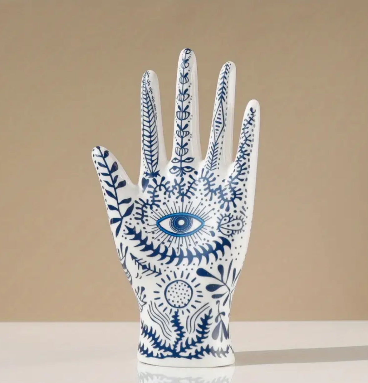 KokoBoho Evil Eye Hand Ring Holder – Blue & White Boho Luxe Jewellery Display & Protective Home Décor