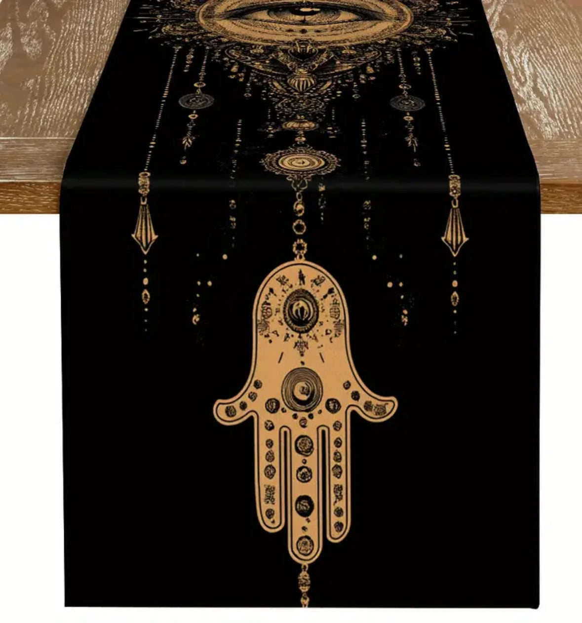 KokoBoho Black & Gold Hamsa Hand Table Runner – Boho Spiritual Dining Decor
