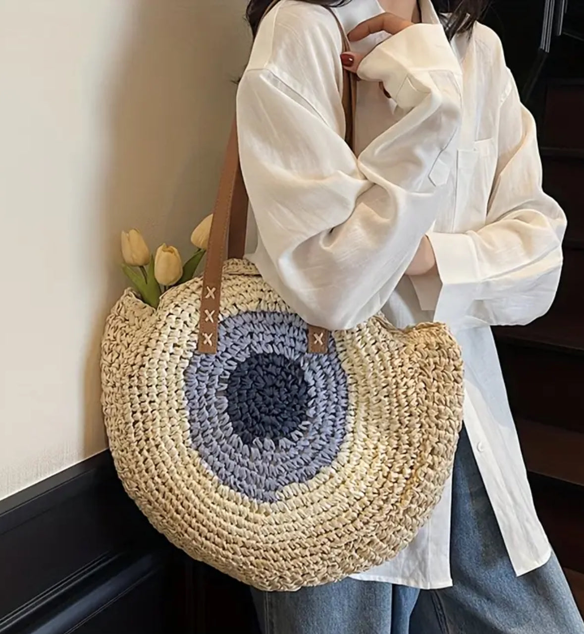 KokoBoho Woven Shoulder Bag with Evil Eye Design – Boho Luxe Tote & Protective Summer Accessory