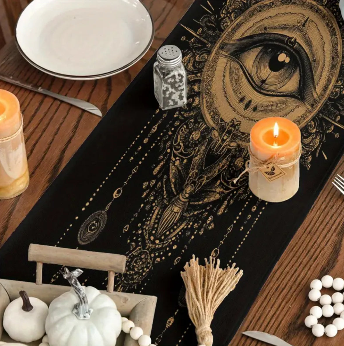 KokoBoho Black & Gold Hamsa Hand Table Runner – Boho Spiritual Dining Decor