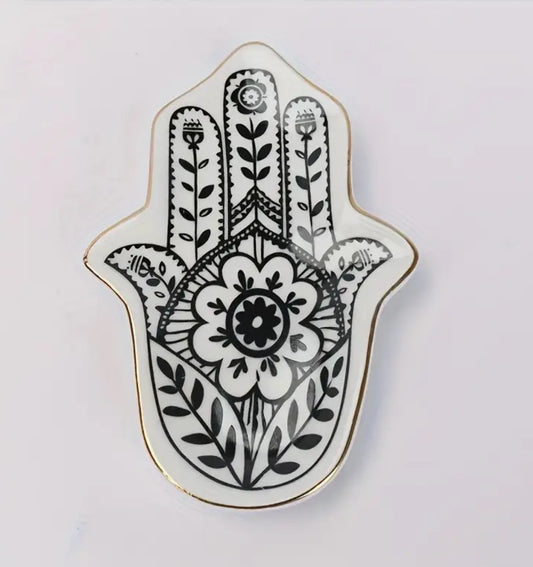 KokoBoho Hamsa Hand Trinket Tray with Gold Trim – Boho Luxe Jewellery Dish & Protective Home Décor