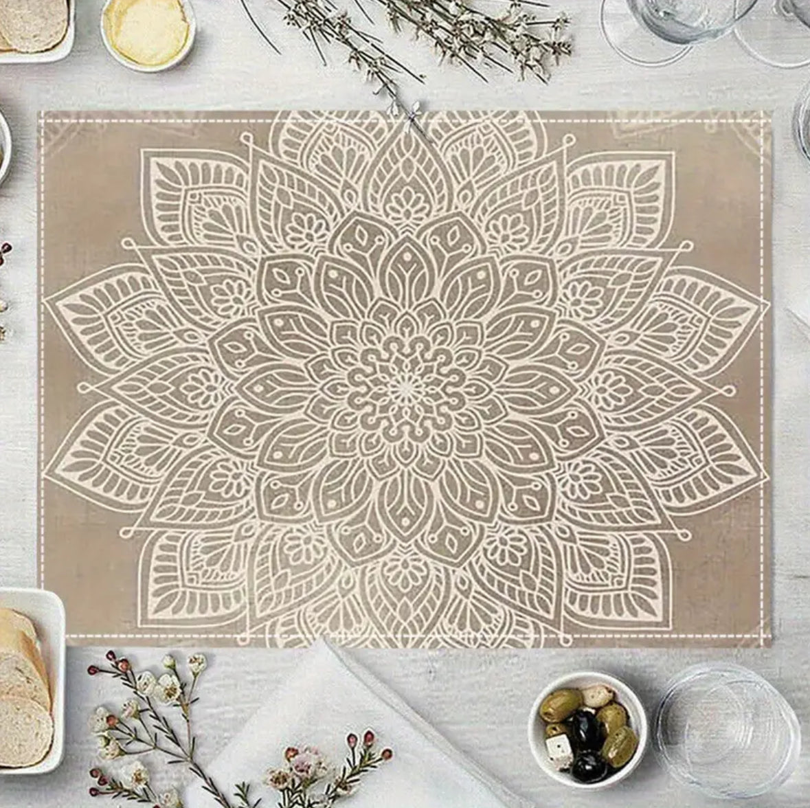 KokoBoho Neutral Mandala Placemats – Set of 4 White & Beige Dining Table Mats, Rustic Spiritual Home Décor