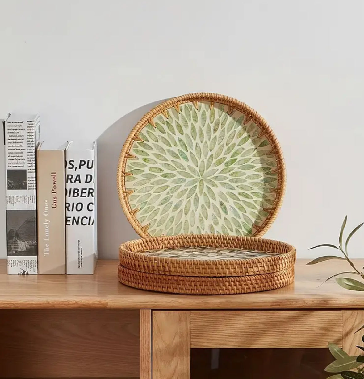 KokoBoho Marbled Green Rattan Tray – Boho Decorative Serving Tray & Natural Home Accent