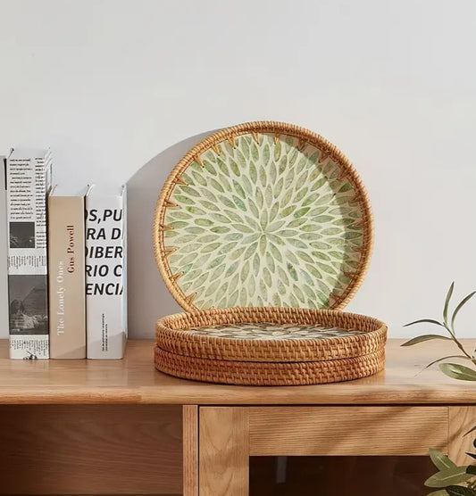 KokoBoho Marbled Green Rattan Tray – Boho Decorative Serving Tray & Natural Home Accent