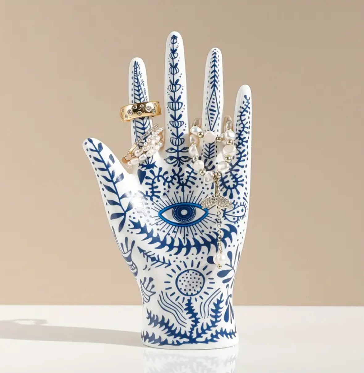 KokoBoho Evil Eye Hand Ring Holder – Blue & White Boho Luxe Jewellery Display & Protective Home Décor