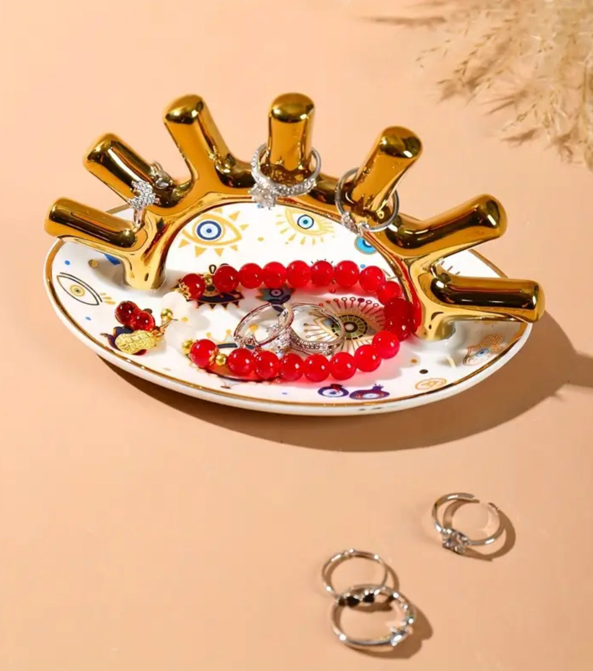 KokoBoho Evil Eye Ceramic Ring Holder with Gold Detail – Boho Jewellery Display