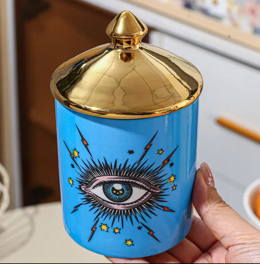 KokoBoho Eye-Catching Blue Ceramic Jar with Gold Lid – Boho Luxe Storage & Decorative Accent