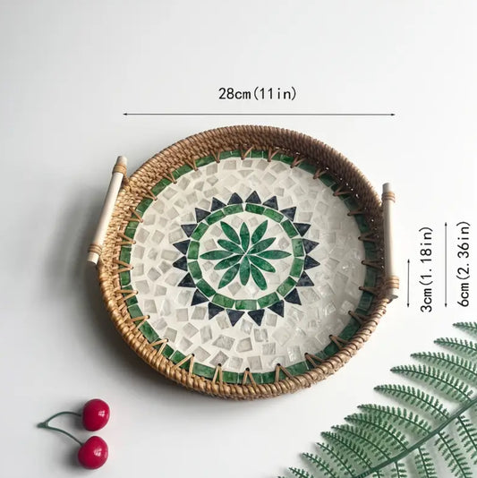 KokoBoho Rattan Mandala Tray with Handles – Boho Serving Tray & Decorative Table Accent