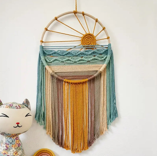 KokoBoho Macramé Wall Accent with Sunset Design in Wooden Ring – Boho Home Décor