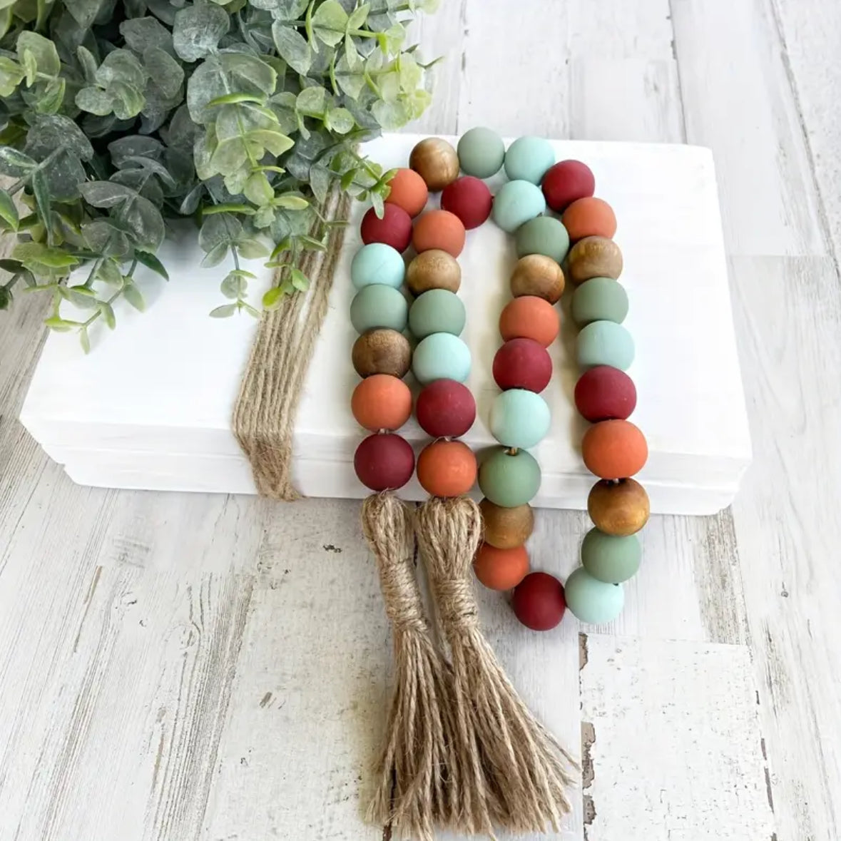 KokoBoho Wooden Bead Garland with Tassels – Boho Farmhouse Décor, Rustic Table & Shelf Accent