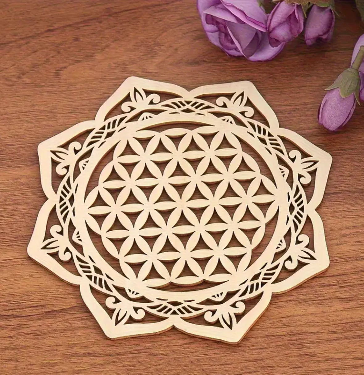 KokoBoho Flower of Life Laser-Engraved Coaster – Decorative Table Coaster & Bohemian Home Accessories