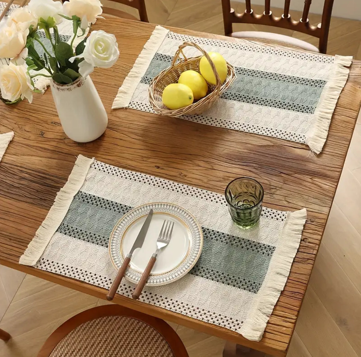 KokoBoho Sage Green & Beige Woven Placemats – Set of 4 Boho Fabric Table Mats, Rustic Spiritual Home Décor
