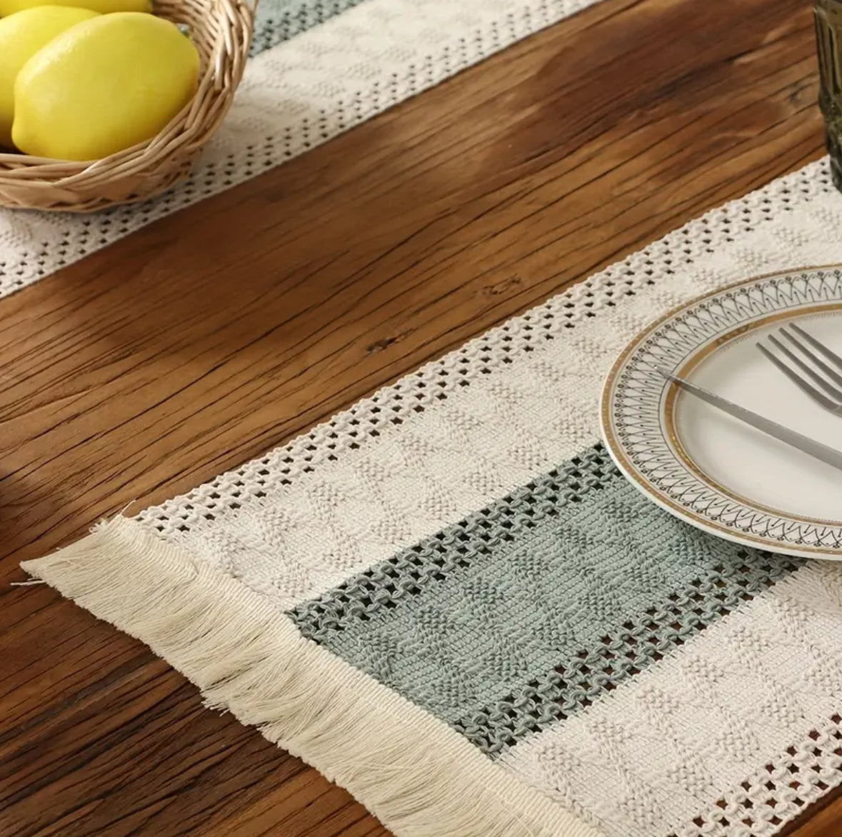 KokoBoho Sage Green & Beige Woven Placemats – Set of 4 Boho Fabric Table Mats, Rustic Spiritual Home Décor